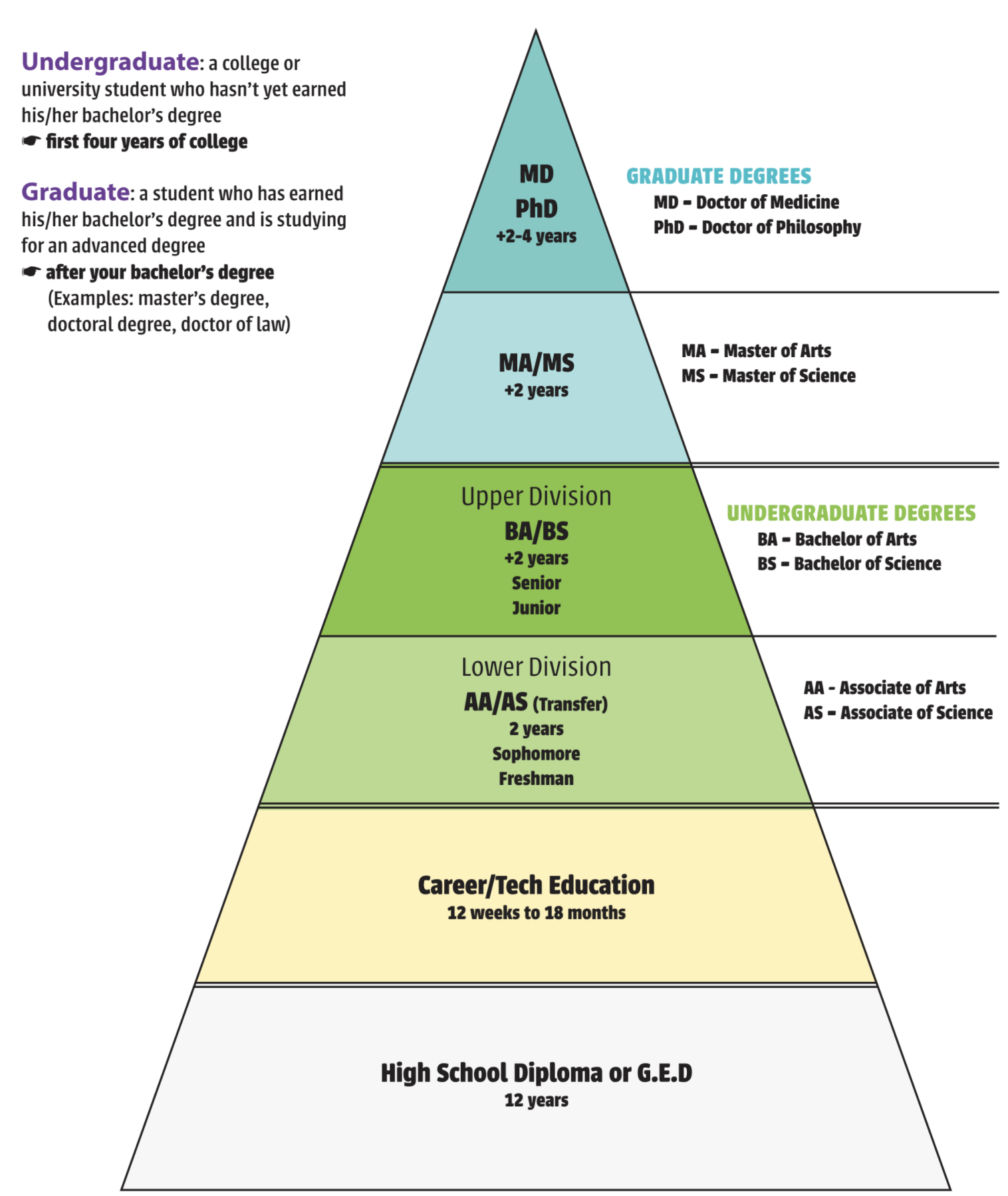 Degree pyramid showing the highest degree (phd and md) to the lowest degree (High school)